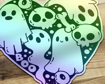 Ghost Holographic Vinyl Sticker, Halloween Heart Sticker, Spooky Sticker, Cute Halloween Sticker, Laptop Sticker, Water Bottle Sticker