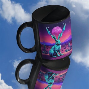 Jackalope Vaporwave Mug, Desert Synthwave Coffee Cup, Cryptid Neon Mug, Vaporwave Desert Aesthetic Cup, Jackalope Gift, Unique Retro Gifts