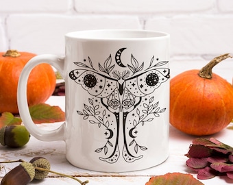 Taza de polilla lunar, taza de café mariposa de luna llena, regalo de mariposa polilla, taza boho botánica, taza de café de polilla celestial, taza de polilla vintage