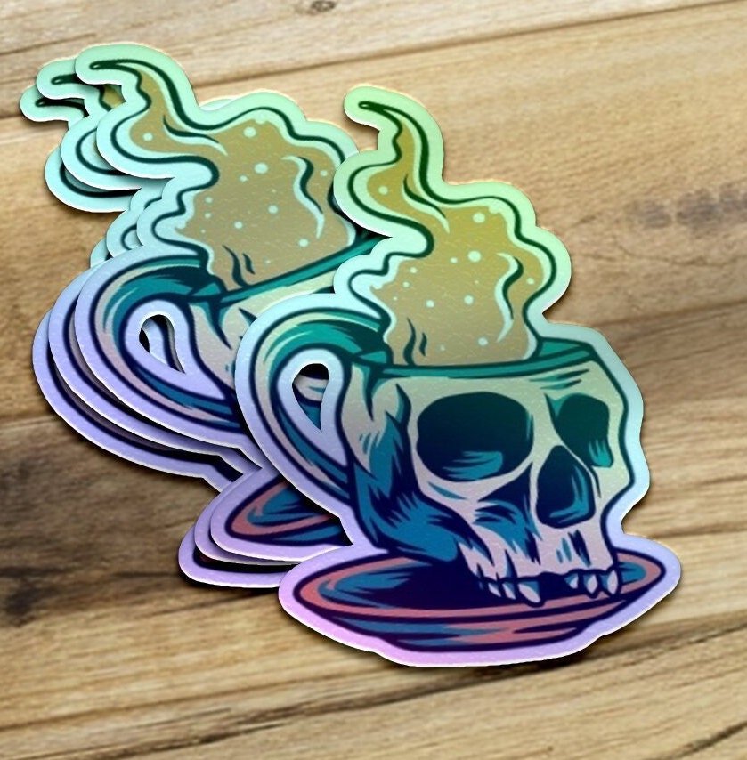 Coffee Holographic Vinyl Sticker, Skull Holographic Sticker, Halloween Sticker, Laptop Sticker, Water Bottle Sticker, Coffee Lover
