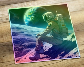 Adesivo de vinil holográfico de astronauta, adesivo holográfico de ficção científica, adesivo psicodélico, adesivo para laptop, adesivo para planejador, adesivo para garrafa de água