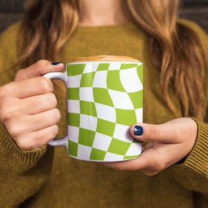 Checkered Ceramic Coffee Mug in Lime & White, Retro Style Coffee Cup, Gift for Coffee Lovers, Gift for Her, Gift for Him, Co Worker Gift