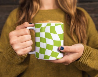 Checkered Ceramic Coffee Mug in Lime & White, Retro Style Coffee Cup, Gift for Coffee Lovers, Gift for Her, Gift for Him, Co Worker Gift
