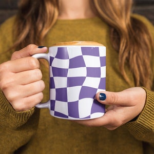 Checkered Ceramic Coffee Mug in Purple & White, Retro Style Coffee Cup, Gift for Coffee Lovers, Gift for Her, Gift for Him, Co Worker Gift