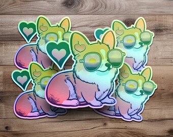 Corgi holografische vinyl sticker, psychedelische Corgi sticker, Corgi moeder sticker, Corgi minnaar cadeau, Corgi minnaar sticker, waterfles sticker