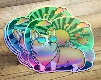 Corgi Holographic Vinyl Sticker, Psychedelic Corgi Sticker, Corgi Lover Sticker, Corgi Lover Gift, Corgi Mom Sticker, Water Bottle Sticker