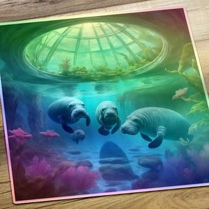 Manatee Holographic Vinyl Sticker, Manatee Family Sticker, Manatee Gift, Save the Manatees Sticker, Laptop Sticker, Water Bottle Sticker