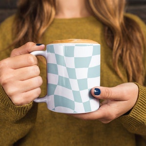 Checkered Ceramic Coffee Mug in Blue & White, Retro Style Coffee Cup, Co Worker Gift, Gift for Coffee Lovers, Gift for Her, Gift for Him
