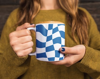 Checkered Ceramic Coffee Mug in Blue & White, Retro Style Coffee Cup, Gift for Coffee Lovers, Gift for Her, Gift for Him, Co Worker Gift