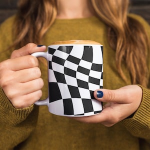 Checkered Ceramic Coffee Mug in Black & White, Retro Style Coffee Cup, Gift for Coffee Lovers, Gift for Her, Gift for Him, Co Worker Gift