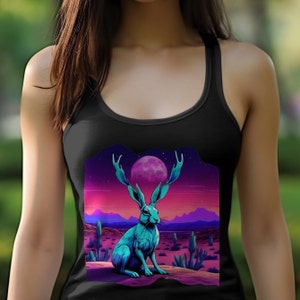 Jackalope Vaporwave Tank Top, Desert Synthwave Top, Cryptid Neon Tank, Vaporwave Desert Aesthetic Shirt, Synthwave Desert Aesthetic Tank Top