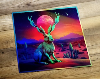 Jackalope Holographic Vinyl Sticker, Desert Synthwave Vaporwave Sticker, Cryptid Neon Sticker, Laptop Sticker, Water Bottle Sticker
