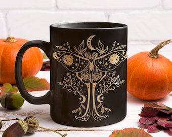 Taza de polilla lunar, taza de café mariposa de luna llena, regalo de mariposa polilla, taza boho botánica, taza de café de polilla celestial, taza de polilla vintage