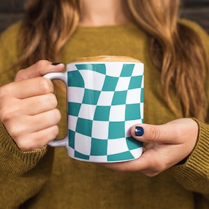 Checkered Ceramic Coffee Mug in Teal & White, Retro Style Coffee Cup, Gift for Coffee Lovers, Gift for Her, Gift for Him, Co Worker Gift