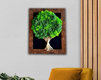 Living Picture For Wall and Desk | Moss Tree of Life | Brown Frame  | Real Moss Decor | Preserved Flowers wall hanging | Home Decor | 30x25c