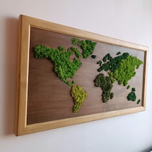 Carte du monde pour mur | Bois massif | Décoration murale mousse 80 x 40 cm | Décoration murale artistique | Art de la mousse | Décoration murale fleurs stabilisées | Yoga | Décoration véritable mousse
