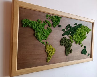 World Map For Wall | Solid Wood | 80x40cm Moss Wall Art | Art Wall Decor | Moss Art | Preserved Flowers wall hanging| Yoga | Real Moss Decor