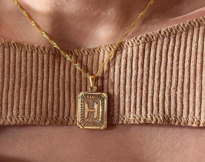 18K Gold Initial Letter Necklace, Medal Gold Initial Letter Pendant Necklace, Square Alphabet Rectangle Medallion Pendant, Personalized