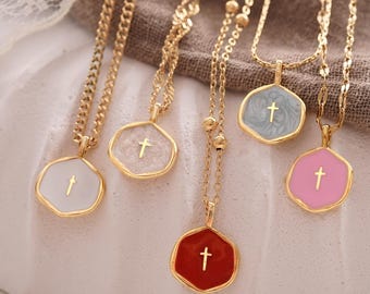 Gold Plated Waterproof Enamel Cross Pendant Necklace, Tiny Cross Necklace, Religious Necklace,Christmas Gift for her, Christian Gift