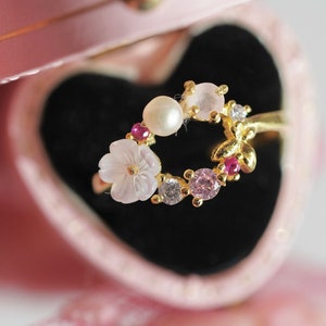 Alice  Inpired Ring, Enchanted Garden Blossom Ring,  Pastel Stones, Pearls, and Floral Elegance ,925 Sterling Silver