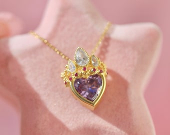 Collar de corazón púrpura, compromiso de la corona de la princesa, joyería geek