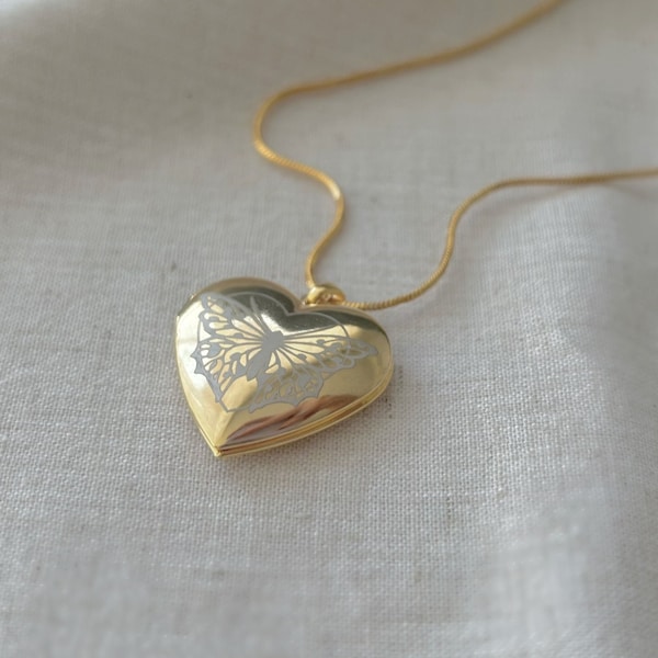 Butterfly Heart Locket Necklace,Elina Necklace , Princess Clara Heart Locket Gold Plated Brass,  Locket Necklace Cz Necklace