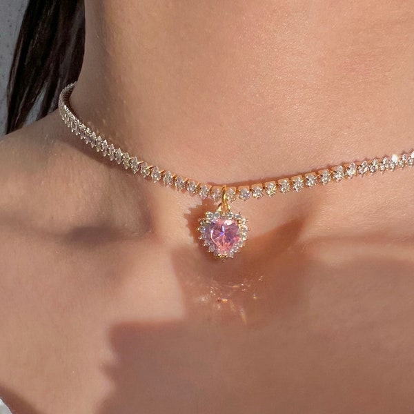 Princess Choker Necklace - Friendship Necklace- Tennis Chain Necklace - Pink Choker Necklace -Gift for her - gold plated- Valetines day gift