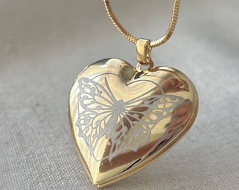 Fotomedaillonketting vlinderhart • Gouden aandenkenhanger • Gepersonaliseerde herinneringssieraden • Gegraveerd hartmedaillon Cadeau voor haar