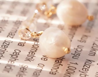 Real Pearl Drop Earrings • Gold Plated Earrings • Minimalist Bridal Jewelry • Baroque Pearl Dangle Earrings • Elegant Gift for Her