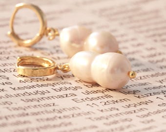 Double Baroque Pearl Earrings • Real Freshwater Pearl Drop Earrings • Gold Plated Hoop Earrings • Bridal Jewelry • Elegant Gift for Her