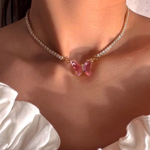 Princess Choker Necklace , Butterfly Choker Necklace , Gift For Her , Tennis Chain Necklace ,Zirkonia Necklace ,