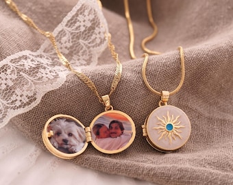Custom Photo Locket Necklace, Sun Pendant – Personalized Gift for Mom, Memorial Jewelry, Gift for Her, Keepsake Necklace