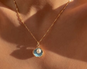 El collar de sirena -Collar de perlas de concha de ostra-Concha de ostra azul