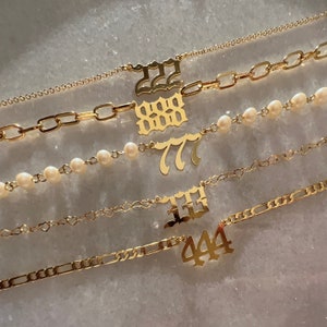 18K Gold Filled Angel Number Necklace, Personalized Gift, Pearl Angel Numbers Necklace, Lucky Number, 222, 333, 444, 555, 666, 777, 888
