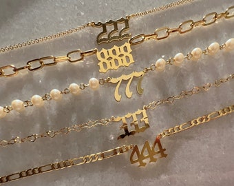 18K Gold Filled Angel Number Necklace, Personalized Gift, Pearl Angel Numbers Necklace, Lucky Number, 222, 333, 444, 555, 666, 777, 888
