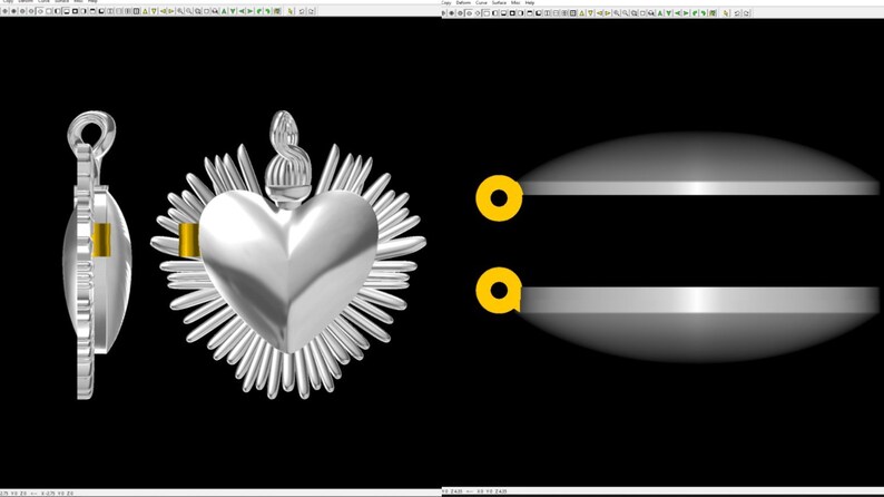 May include: Silver pendant featuring a heart with a crown and a halo of rays. The pendant is shown from the front and side views. The pendant is on a black background.