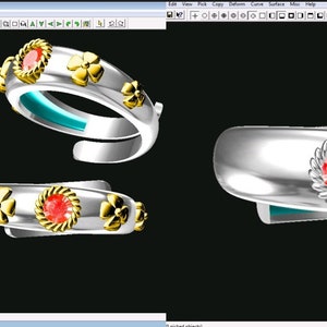 May include: A silver ring with a red gemstone surrounded by a gold band. The ring is decorated with four gold flower accents.