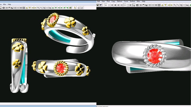May include: A silver ring with a red gemstone surrounded by a gold band. The ring is decorated with four gold flower accents.
