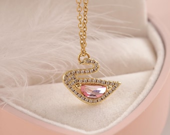 Pink Swan Necklace, Coquette Jewelry, Balletcore Pendant, Pink Crystal Necklace, Romantic Gift for Her, Fairycore jewelry