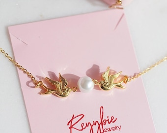 Kissing Swallows Pendant, Styles Inspired Birds Necklace, Beaded Pearl Necklace, Tattoo Necklace, 2 Flying Birds