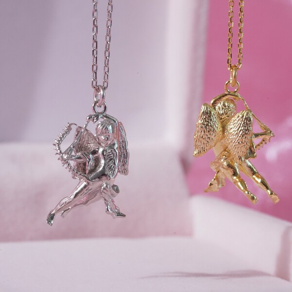 Ethereal Cupid's Embrace: 925 Sterling Silver Angel Arrow Necklace - A Love Odyssey