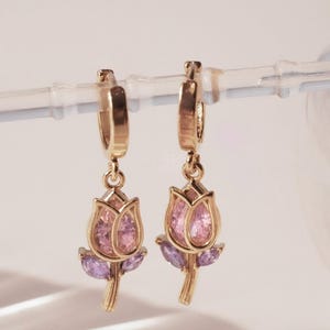 Tulip Flower CZ Hoop Earrings, Silver, Gold, Pink Tulip Earrings, Floral Earrings, Blossom Earrings, Nature