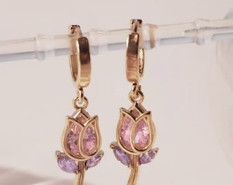 Tulip Flower CZ Hoop Earrings, Silver, Gold, Pink Tulip Earrings, Floral Earrings, Blossom Earrings, Nature