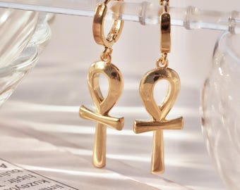 Ankh Earrings,Protection Amulet, Egyptian Cross Symbol Jewelry, Egypt Ankh Hoops african earrings, afrocentric, ethnic jewelry