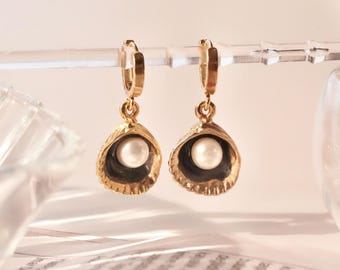 Shell & Pearl Drop Earrings • Mermaid Inspired Jewelry • Gold Shell Pearl Earrings • Opalescent or White Pearl • Gift for her