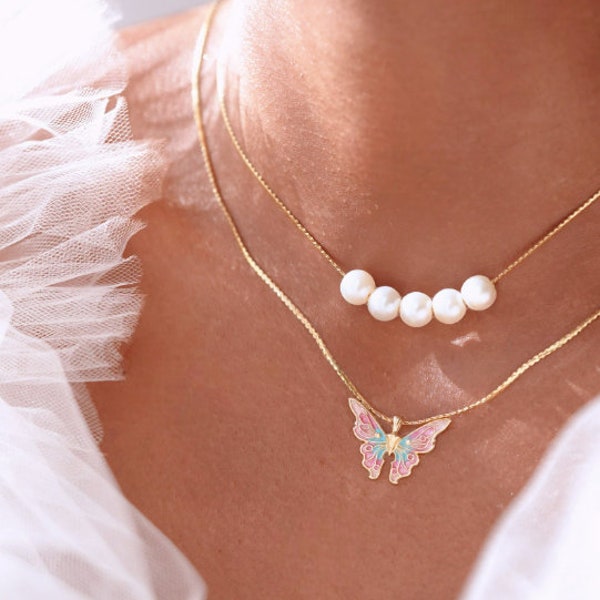 Butterfly Necklace for Fairy Girls, Magical Butterfly Necklace-5 Pearl Necklace- Mariposa Necklace