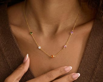 Multiple Birthstone Necklace, Personalized Family Necklace, Spaced Birthstone Chain, Custom Jewelry Gift for Her, Minimalist Gold
