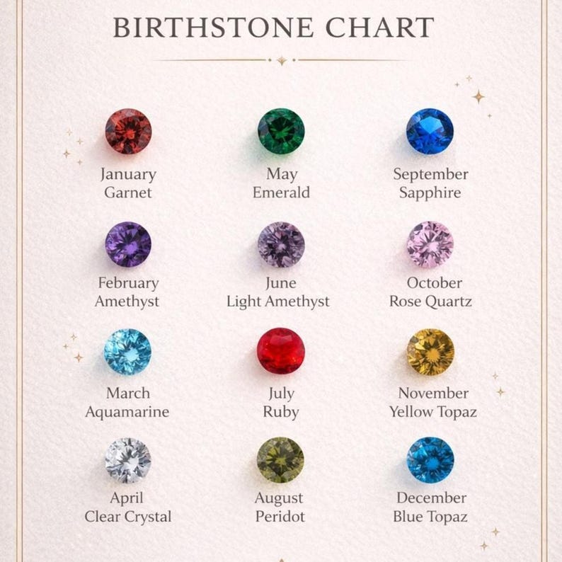 May include: A birthstone chart featuring twelve gemstones, each representing a month. The chart includes Garnet, Emerald, Sapphire, Amethyst, Light Amethyst, Rose Quartz, Aquamarine, Ruby, Yellow Topaz, Clear Crystal, Peridot, and Blue Topaz.