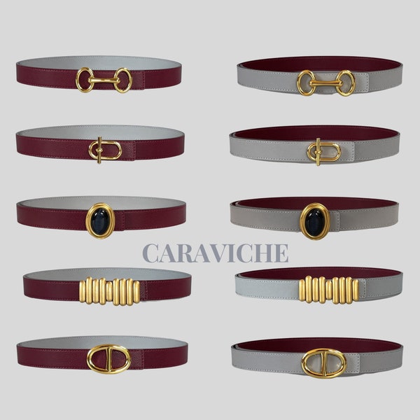 Reversible Burgundy and Grey ladies Genuine Leather belt with interchangeable buckles, choose your buckle style