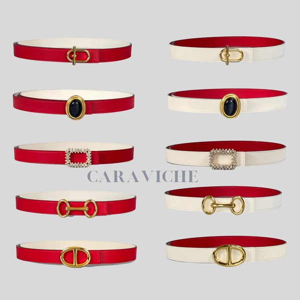 H WOMEN'S BELT 13MM SILVER BUCKLE RED WHITE LEATHER
